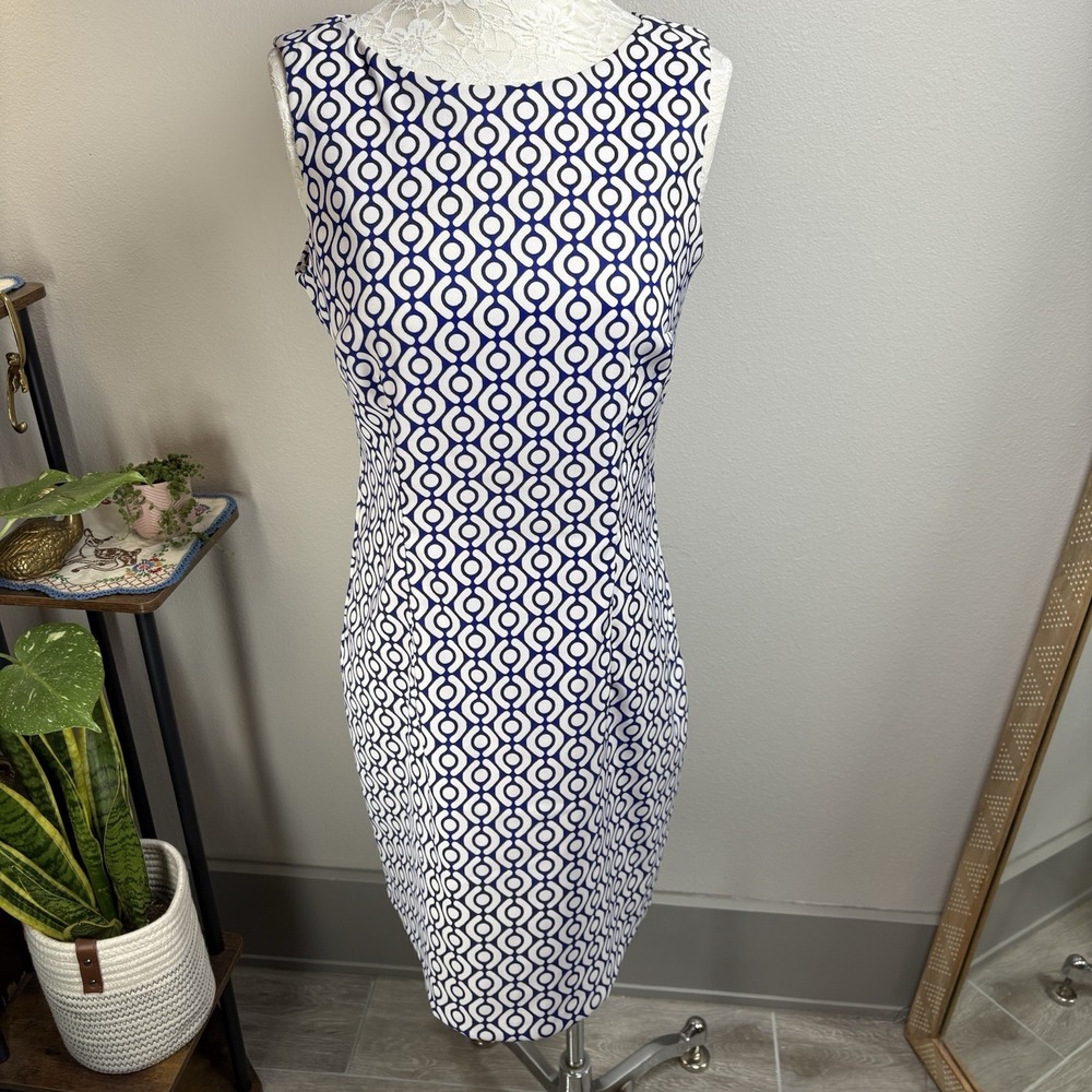 ALYX Women's 10 ~ Blue White Geometric Structured Sheath Mini Dress Sleeveless